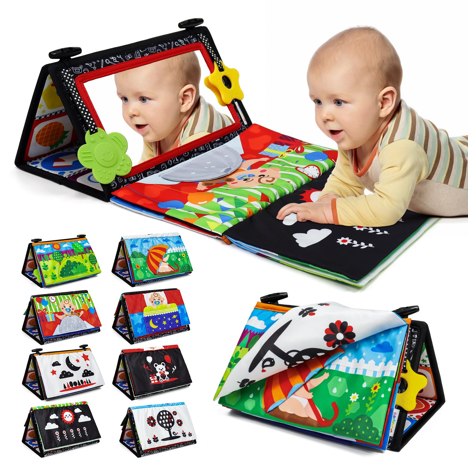 Dr.Rapeti Tummy Time Floor Mirror Toys, Baby Sensory Mirror with Black and White High Contrast, Teethers Floor Activity with cloth book, Newborn Toys, Washable, Non-Toxic