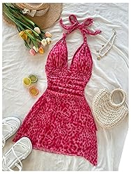 BEAUDRM Women's Floral Print Sleeveless Halter Deep