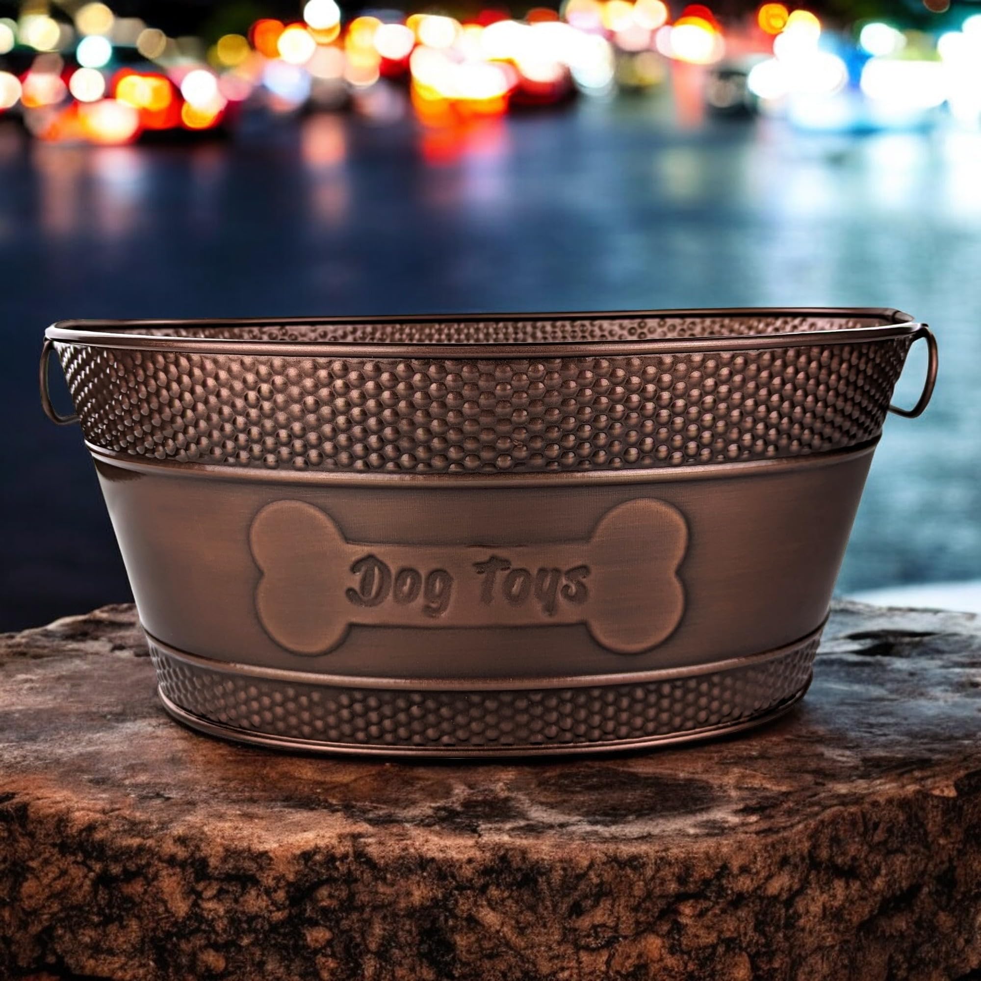 BREKX Indestructible Metal Dog Toy Bin - Copper Galvanized Storage Bin with Handles, Pet Storage Organizer - Ropes, Blankets, & Leashes, Bone Design Pet Toy Box (15-Quart)