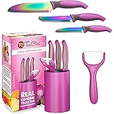 TruChef 5-Piece Kids Knife Set for Real Cooking | Stainless Steel Chef, Paring & Serrated Knives with Peeler & Holder | Safe Junior Chef Cooking Set for Kids (5 pcs, Pink)