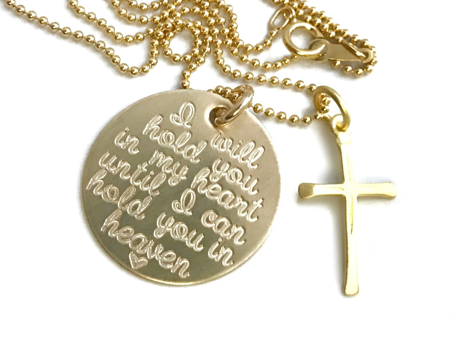 Amazon Com Solid Gold Necklace 14k Gold Memorial Necklace Solid 14k Gold Necklace I Will Hold You In My Heart Until I Can Hold You In Heaven With Cross