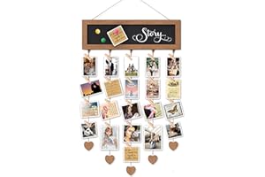 EXQUIDECA Picture Frames Collage Display Board with 30 Clips - Multi Photos Cards Organizer with Adjustable Twines and Magnetic Blackboard - DIY Wall Decor Hanging Picture Holder 15.7x5 Inches