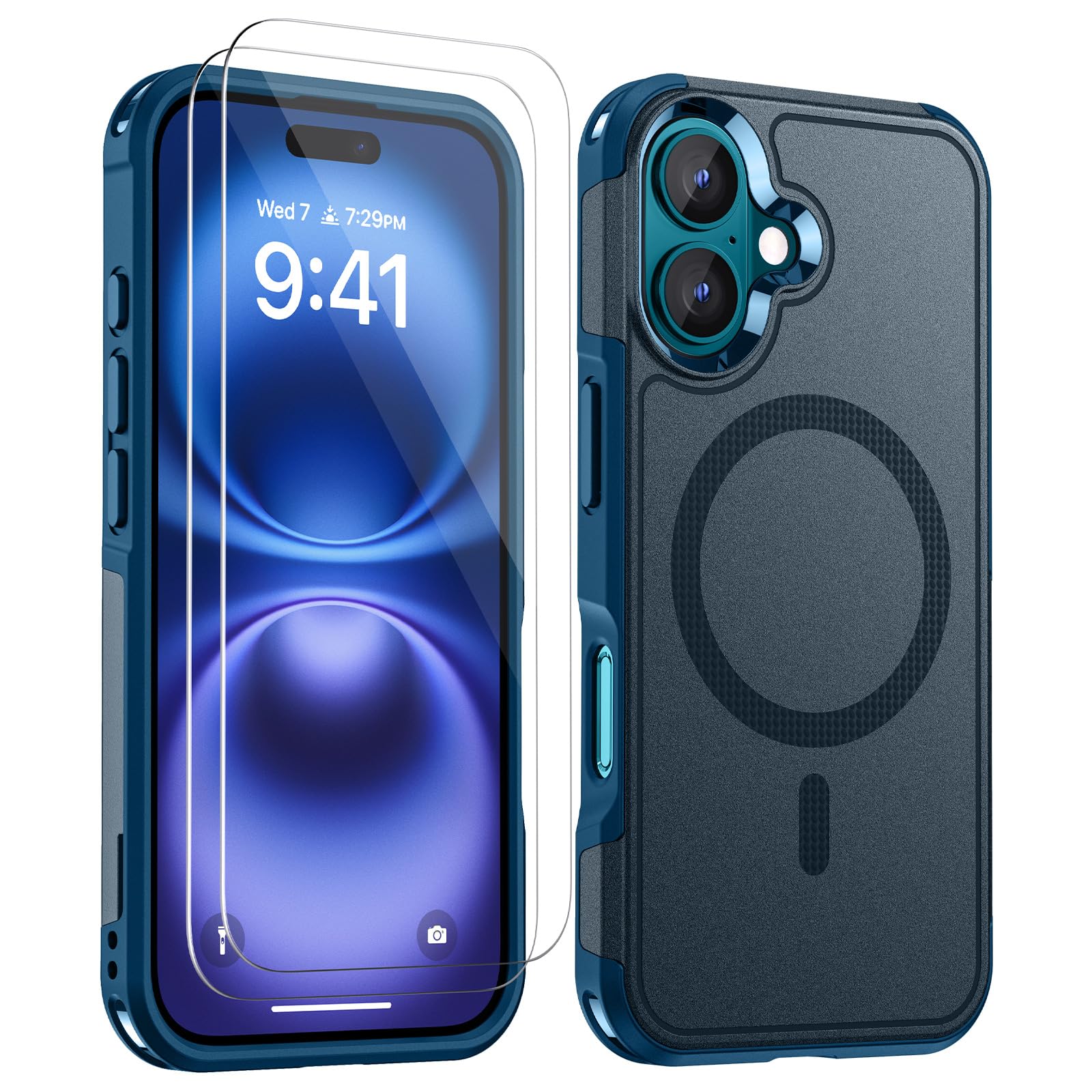 Lanhiem Magnetic for iPhone 16 Case, [2 Pack Tempered Glass Screen Protector][Compatible with MagSafe][10 FT Military Grade Shockproof] Heavy Duty Tough Phone Cover for iPhone 16 (6.1") - Dark Blue