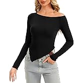 Simlakey Women's Off Shoulder Long Sleeve Shirts Knit Tee Shirts Slim Fit Going Out Tops Y2K Fall Trendy Fashion