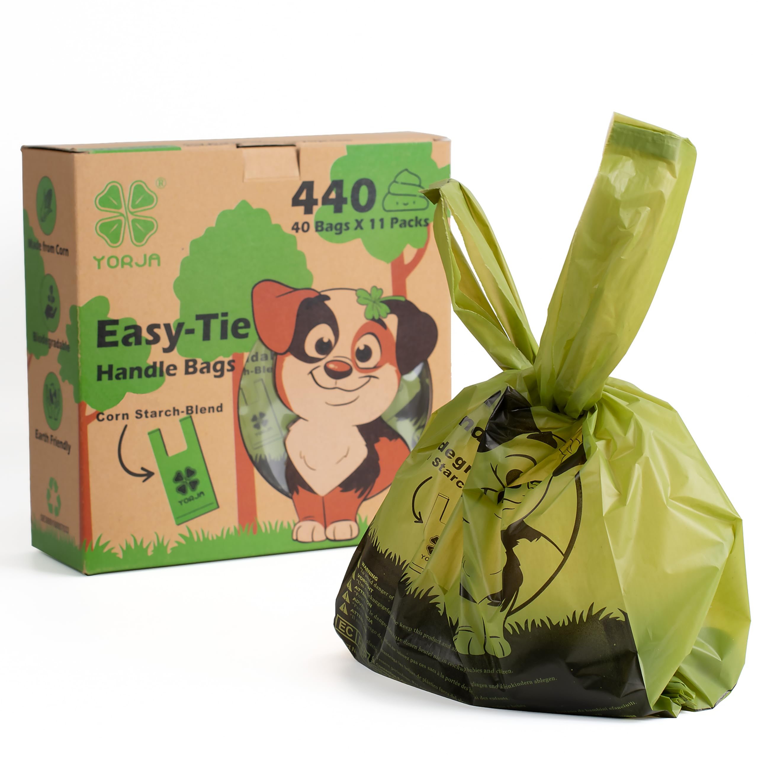 YORJA Tie Handles Dog Poo Bags, 440 Pet Poop Bags, Thick and Strong 100% Leak-Proof Biodegradable Cat Litter Waste Bags (Green)