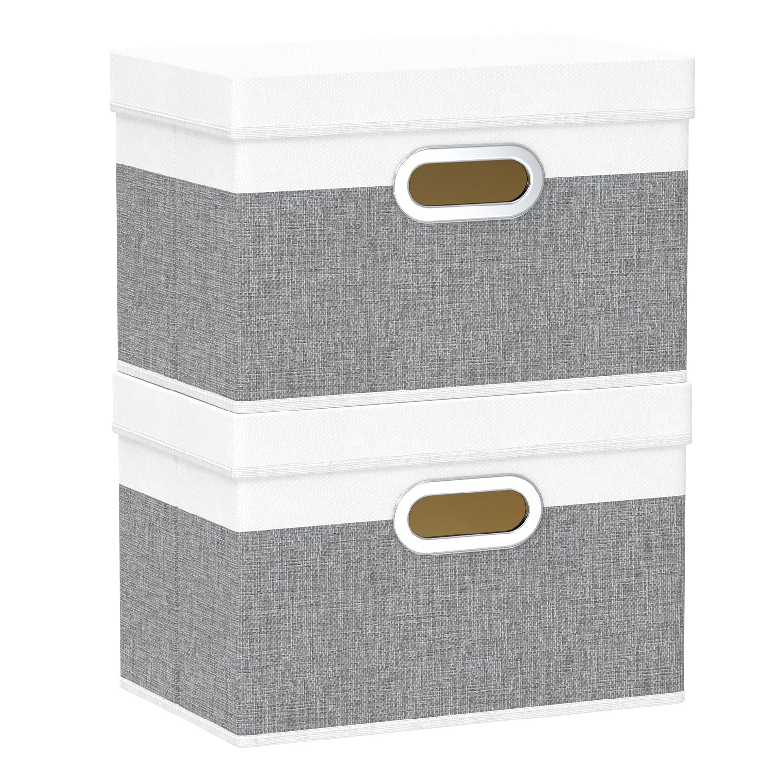 Yawinhe Collapsible Storage Box 2 Pack, Fabric Clothing Shelf Basket with Lid, for Organizing Home, 38x25x25cm, White/Grey, SNK023WGL-2