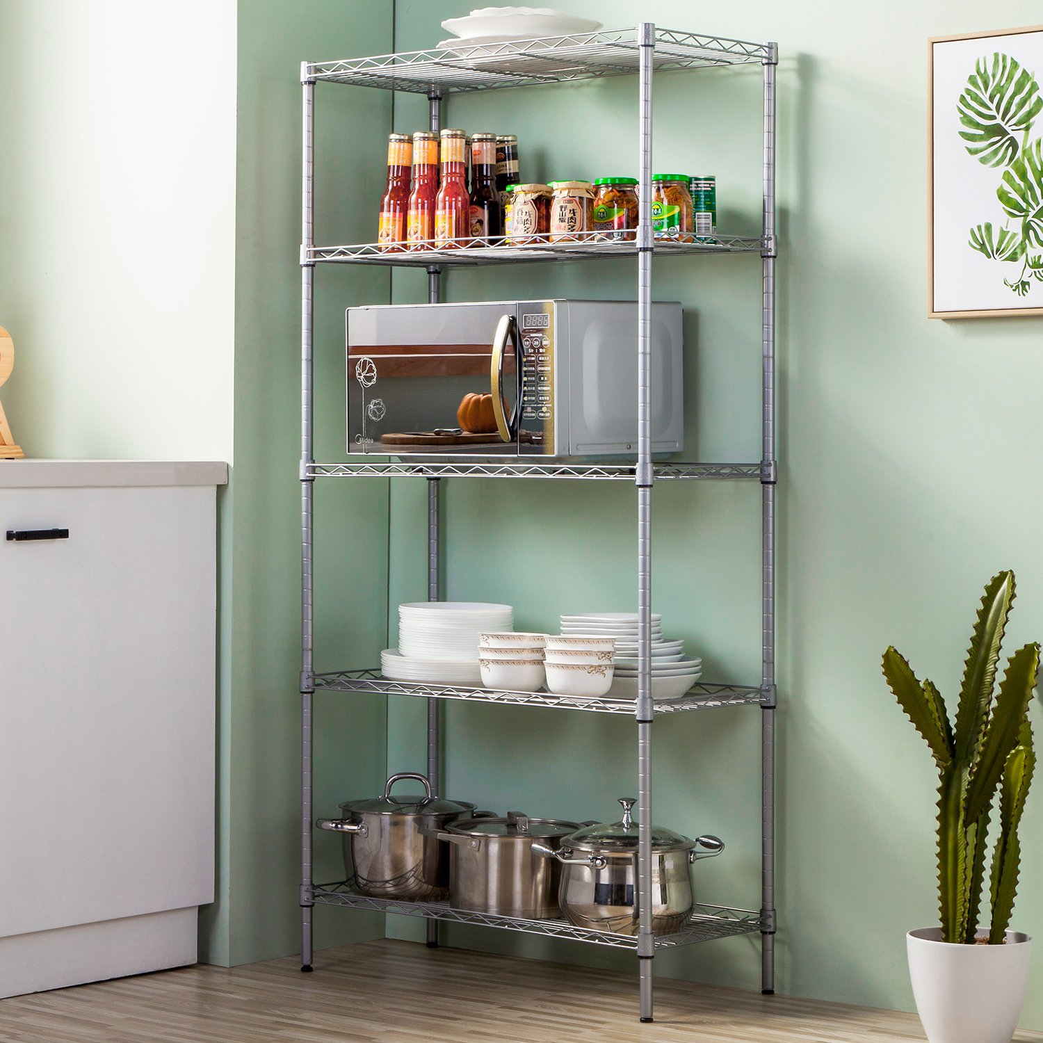 Silver 5Tier Mesh Shelving Unit Adjustable Storage Shelves Metal