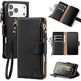 Shieldtop Compatible with iPhone 17 Pro Wallet Case with Card Holder,Women Men RFID Blocking PU Leather Flip Cover Wrist Strap Zipper Credit Card Slots,Phone Case for Apple 17 Pro 6.3",Black