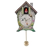 Mark Feldstein Garden Cottage Singing Cardinal Cuckoo Clock, 14x10 | Acrylic, stone-look finish; 2 C and 1 AA batteries; light sensor mutes at night; removable pendulum; gift idea