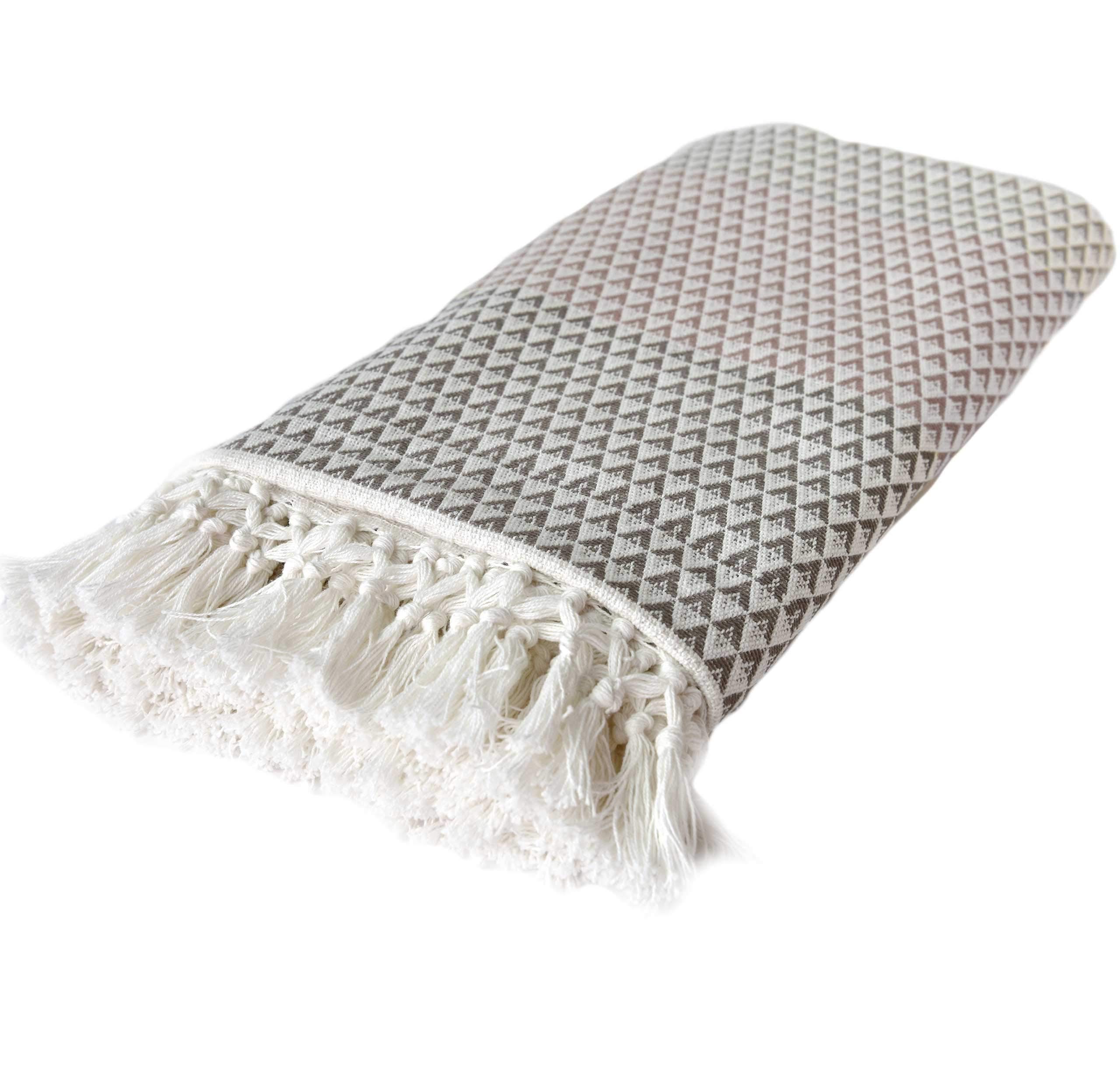 nielsen Dana Soft 100% Cotton Throw Blanket, White and Brown, 150cm x 200cm, Patterned Fringe, Sofa or Bed Blanket