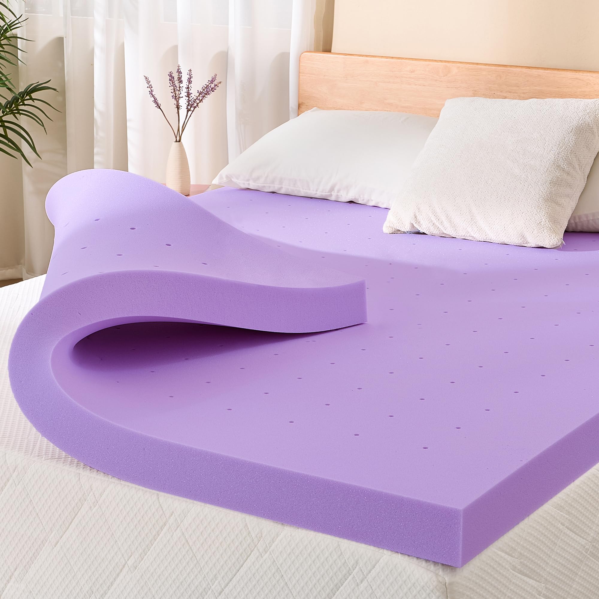 Photo 1 of 2 Inch Full Lavender Scented Memory Foam Mattress Topper for Pressure Relieving, Ventilated for Cooling Sleep, CertiPUR-US Certified, Medium Feel Mattress Pad in a Box, 54"x75", Full Size