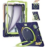 BRAECN Case for iPad Air 13 Inch M3 2025/ M2 2024 & iPad Pro 12.9 6th/5th/4th/3rd Gen: Military Grade Silicone Protective Cover w/Pencil Holder, Kickstand, Swivel Handle, Shoulder Strap, Navy Green