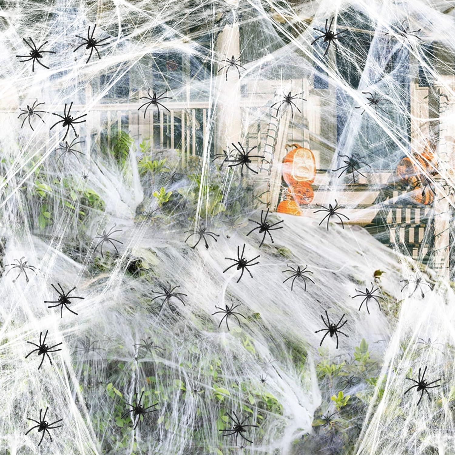 Photo 1 of 1000 sqft (0.67 Pound) Halloween Spider Webs Decor, Halloween Decorations with 60 Fake Spiders, Super Stretch Cobwebs Spider Webs for Holiday Indoor and Outdoor Party Supplies