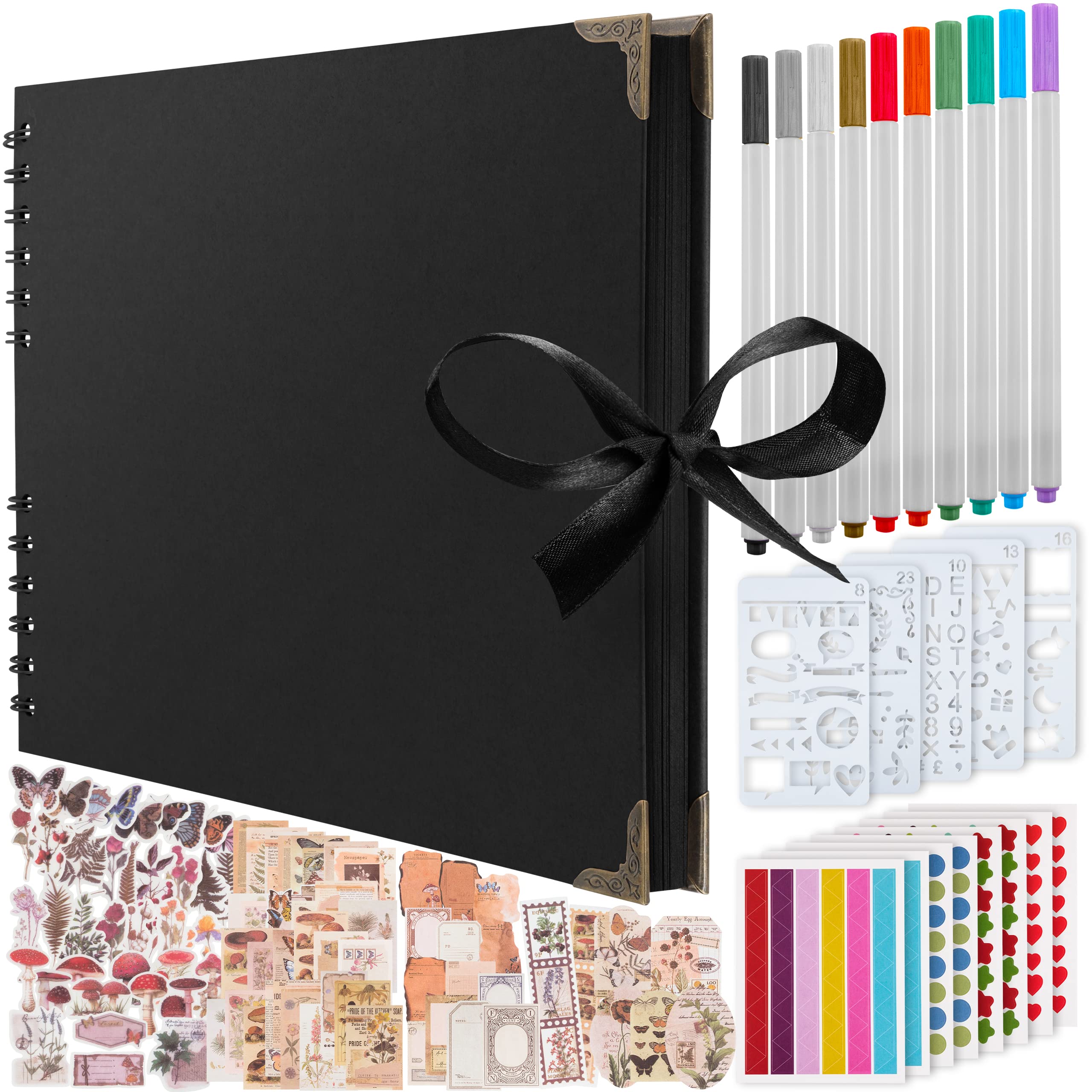 Bstorify Scrapbook Album, (198 PCS) - 70 Pages 25.4 x 25.4 CM With 174 PCS Scrapbooking Paper, 10 PCS Metallic Marker Pens, 6 Sheets Stickers, 120 Photo Corners & 5 Stencils (25.4 x 25.4 CM, Black)