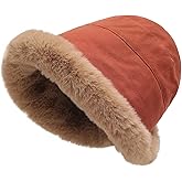 ZLYC Women Winter Furry Bucket Hat Rolled Brim Faux Fur Cloche Hat with Fleece Lining