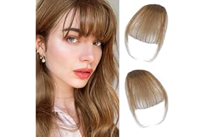 BUPPLER Clip in Bangs 100% Real Human Hair Pieces Wispy Light Brown Fake Bangs Hair Clip on bangs for women Faux Bangs Clip in Hair Extensions with Hair Roller for Daily Wear