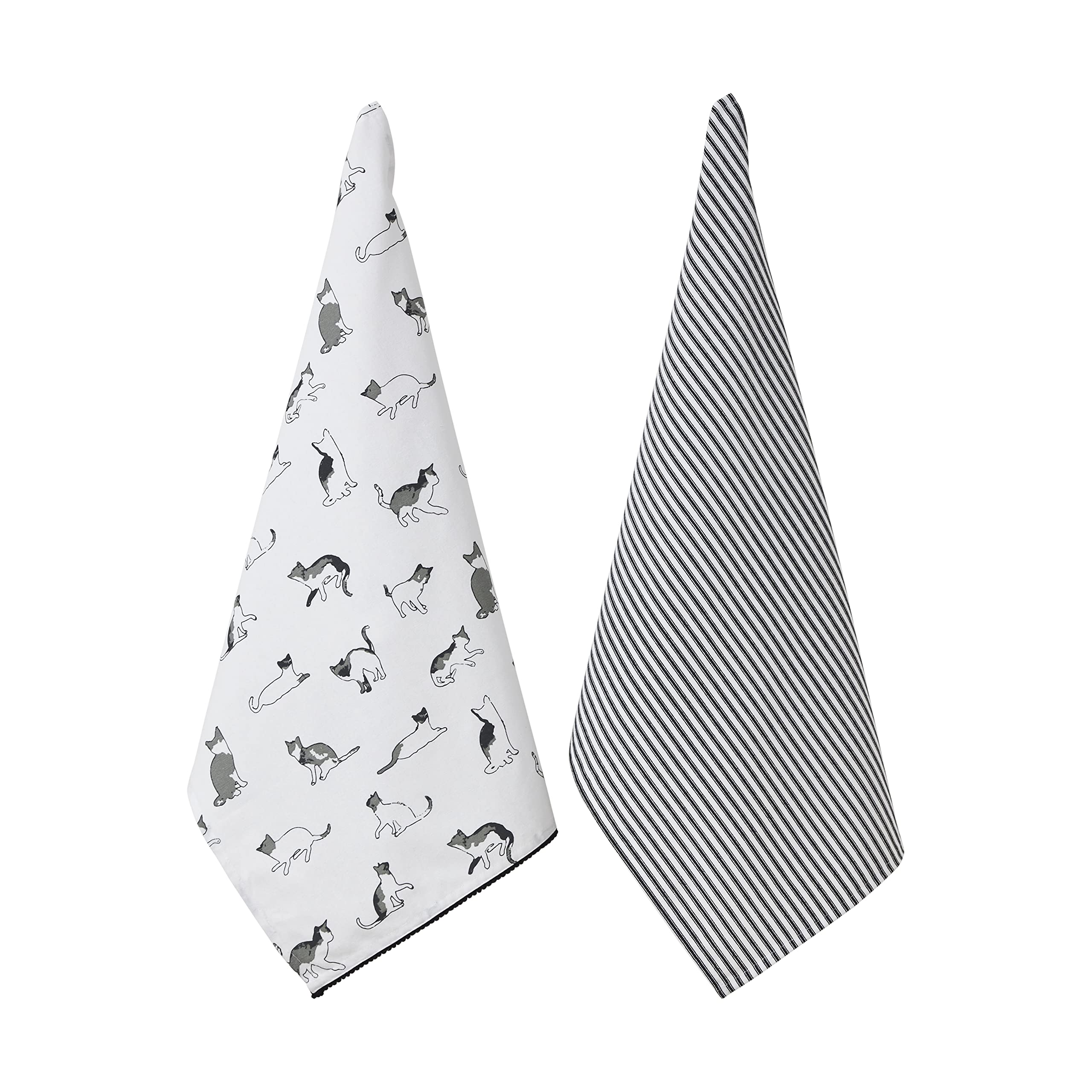 Penguin Home Set of 2 Recycled cotton Tea Towels, Eco Friendly Sustainable Plain Woven & Printed Kitchen Towels with pompom lace Size - 50x70 cm Colour - White,Grey & Black Dish Towels — image 1