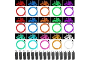 Hortsun 15 Pack 13ft Neon Light El Wire Portable Cuttable Neon Glowing Battery Powered LED Lights Glow in The Dark with Battery Pack for Halloween Party