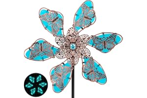 ULENDIS Metal Wind Spinners Outdoor, Glow in Dark Wind Sculptures with Metal Stake, 360° Kinetic Wind Mill for Garden Yard Lawn Patio Decor (Blue)