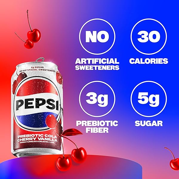 PEPSI PREBIOTIC COLA, CHERRY VANILLA, 12 FL OZ CANS (8 PACK), 30 CALORIES, 5G PREBIOTIC FIBER, 5G SUGAR, SODA POP COLA