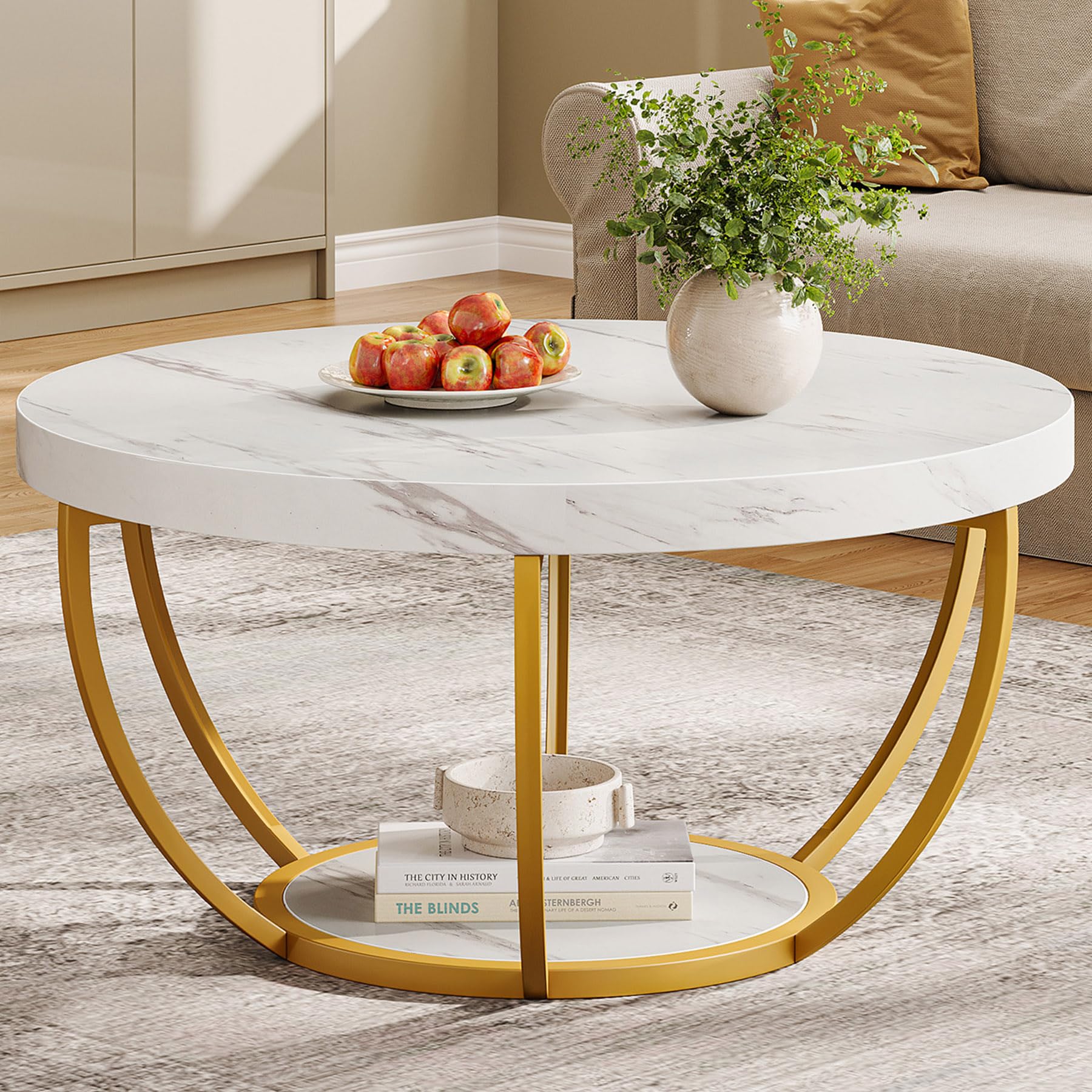 Tribesigns Modern Round Coffee Table, 2 Tier Coffee Table with Faux White Marble and Golden Metal Legs, Circle Center Table Tea Table Accent Furniture for Living Room, White and Gold Image Tribesigns Modern Round Coffee Table, 2 Tier Coffee Table with Faux White Marble and Golden Metal Legs, Circle Center Table Tea Table Accent Furniture for Living Room, White and Gold Image