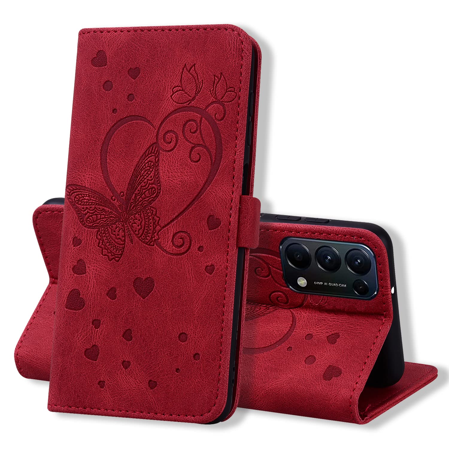CXTcase Flip Case for Oppo A74 5G/A54 5G/A93 5G Leather Flip Case for Oppo A74 5G Wallet Case with Butterfly Design for Oppo A93 5G Magnetic Clasp Case Red