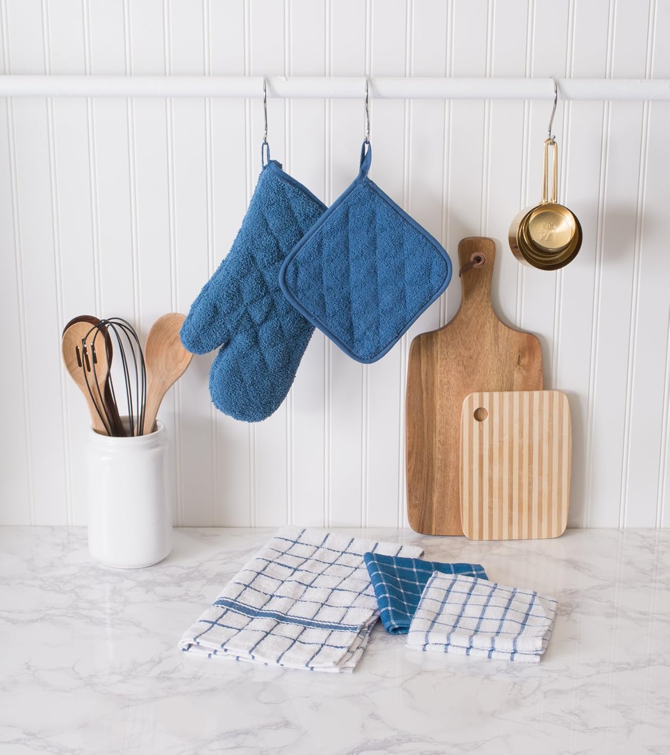 DII 100% Cotton, Quilted Terry Oven Set Machine Washable, Heat Resistant with Hanging Loop, Potholder, Blue 3 Piece: Home & Kitchen