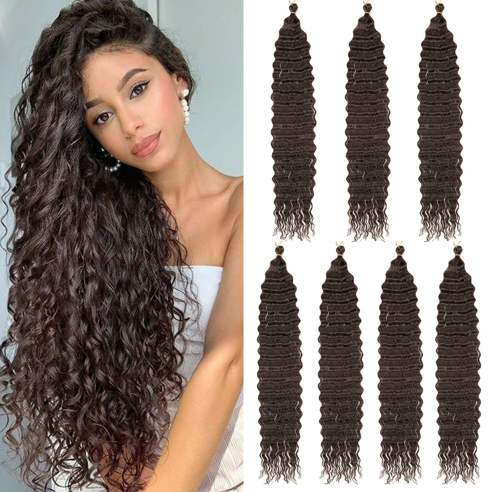 Samtress Dark Brown Ocean Wave Twist Crochet Hair 30 Inch Deep Wave Curly Braiding Hair Extensions 7 Packs Water Wave Crochet Hair Synthetic for Women (#4)