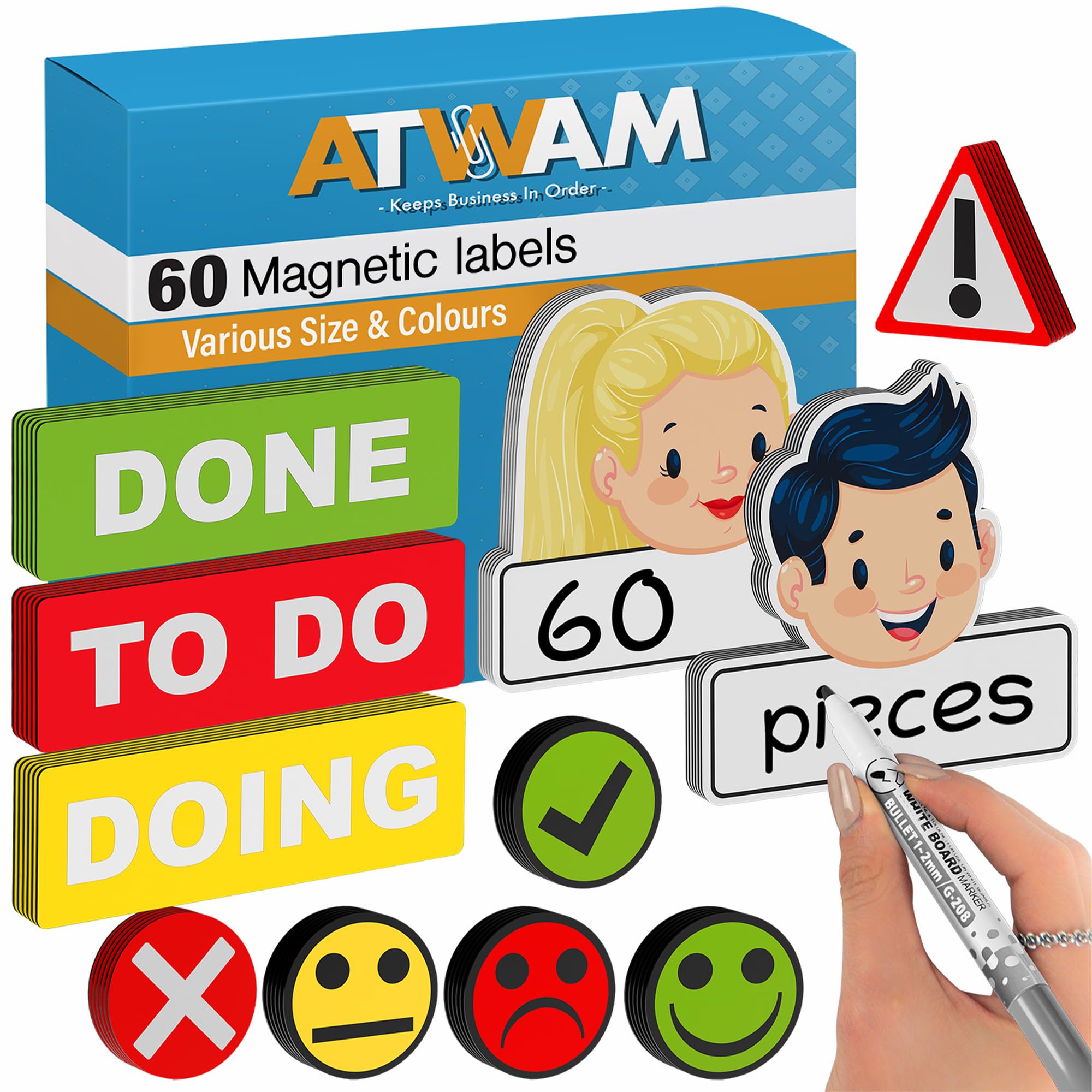 ATWAM 60 Writeable Magnets & Accessories Mega Set - Magnetic Labels - 6 Colors - Scrum & Kanban - Magnetic Notes - Whiteboard Strips for Magnetic Board, Magnetic Wall & Fridge