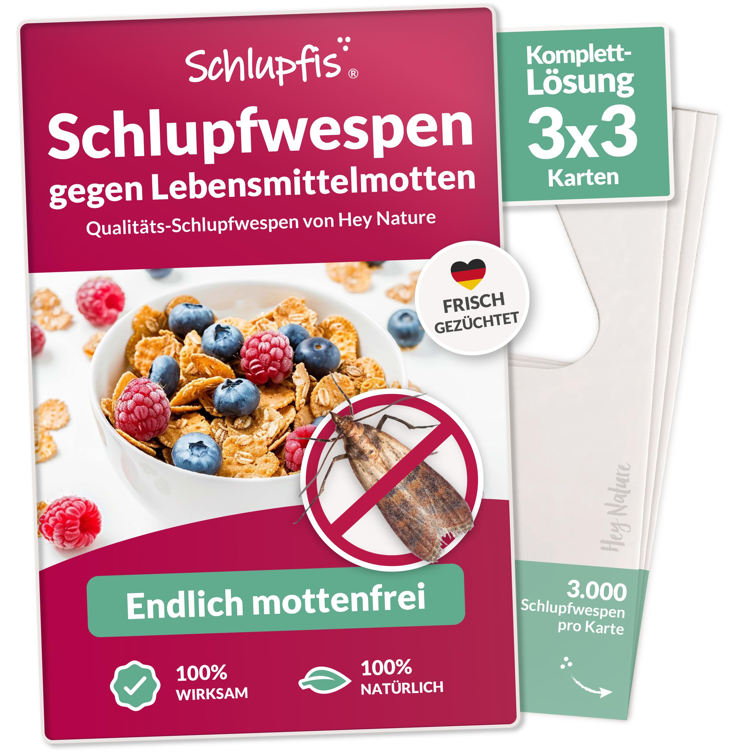 Hey Nature Schlupfwespen gegen Lebensmittelmotten - 9 Karten (3 Karten à 3 Lieferungen) - Effektiv Lebensmittel Motten bekämpfen - Alternative zu Lebensmittelmotten Falle, Mottenkugeln & Mottenspray