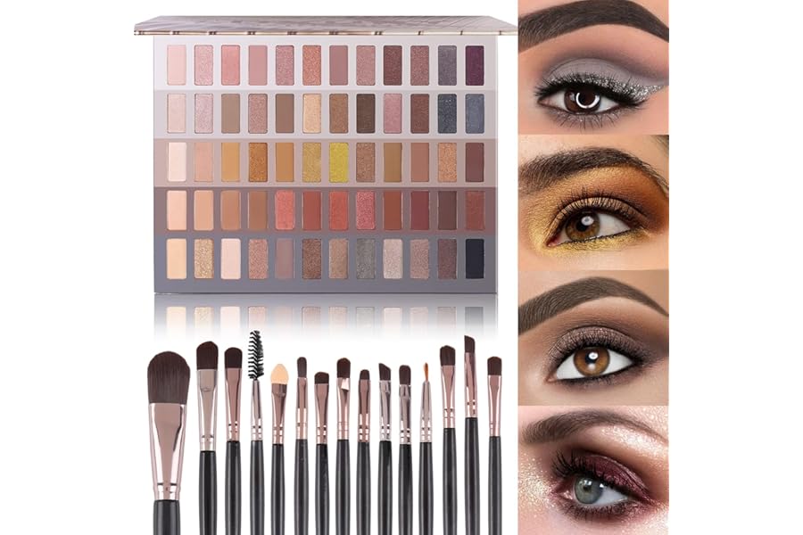 UCANBE 60 Colors Naked Eyeshadow Palette + Makeup Brush Set, All in One Nude Neutral Smokey Makeup Pallet with Brushes, Pigmented Warm Matte Shimmer Powder Eye Shadows Cosmetic Halloween Beauty Kit