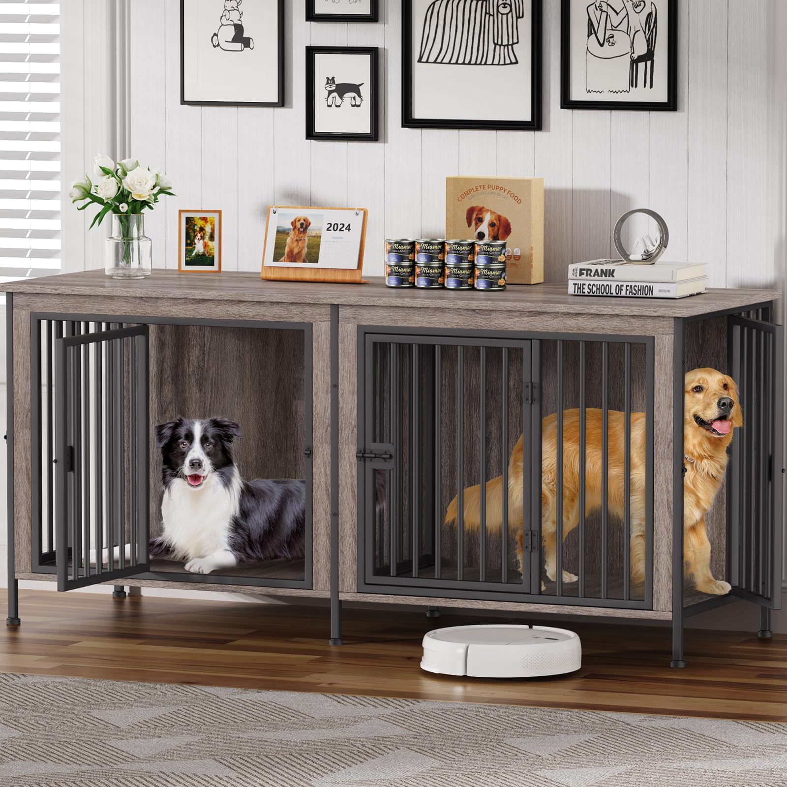 EasyCom Dog Crate Furniture for 1 or 2 Dogs, Heavy Duty Single/Double Dog Crates for Small/Medium/Large Dogs, Dog Kennel Furniture Indoor as TV Stand, Large Size 78.74" L(35-60 Pounds), Oak Grey Image