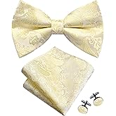 GUSLESON Mens Paisley Bow Tie Handkerchief Jacquard Woven Adjustable Pre-Tied Bowties Pocket Square Cufflinks Set