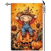Jauageon Fall Scarecrow Garden Flag Autumn Sunflowers Garden Flag Vertical Double Sided Rustic Farmland Burlap Yard Lawn Outdoor Decor 12.5x18"