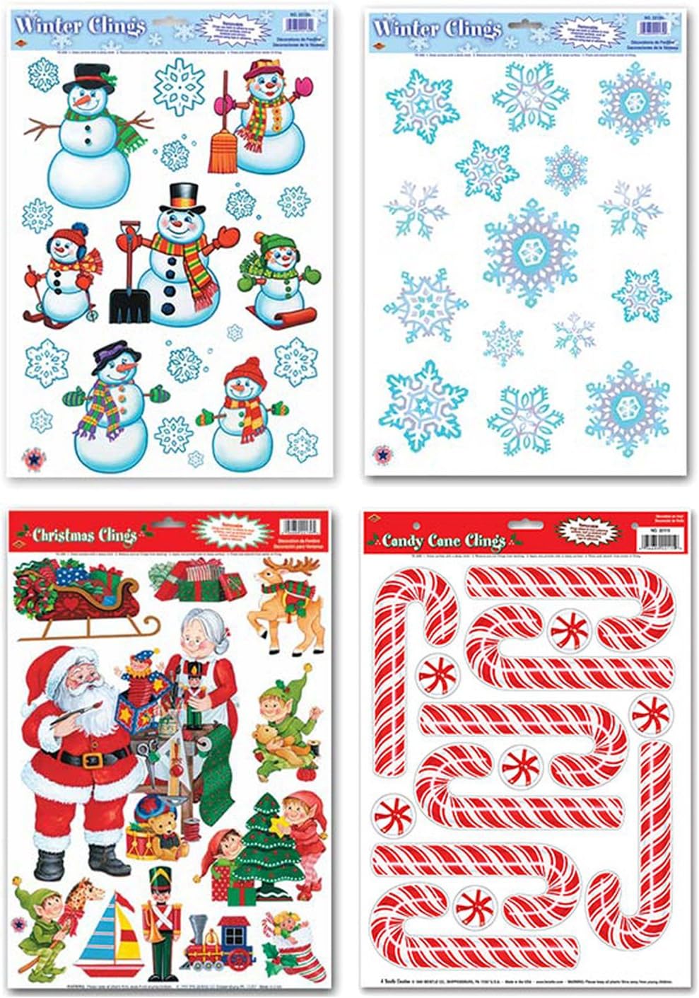 Christmas Window Cling Decorations - 4 Large Sheet Sets Featuring Santa, Snowmen, Snowflakes, Candy Canes and More