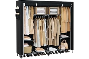 CASAMAYA Portable Closet, 66.9 Inch Large Capacity Wardrobe Closet with Cover, Clothes Storage Organizer with Shelves and 4 Hanging Rods, Easy to Assembly, Black PCT204B01