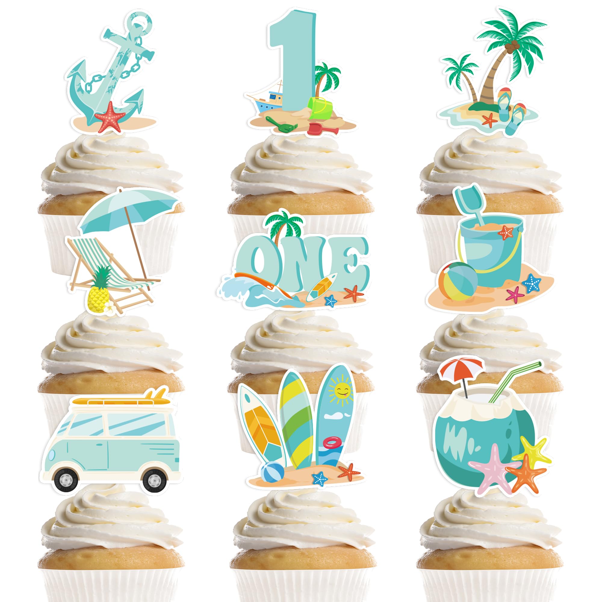 Photo 1 of 36Pcs The Big One Cupcake Toppers, Surfer Cupcake Decorations, Summer Beach Birthday Party Supplies, Tropical Blue 1st Birthday Photo Props Decor