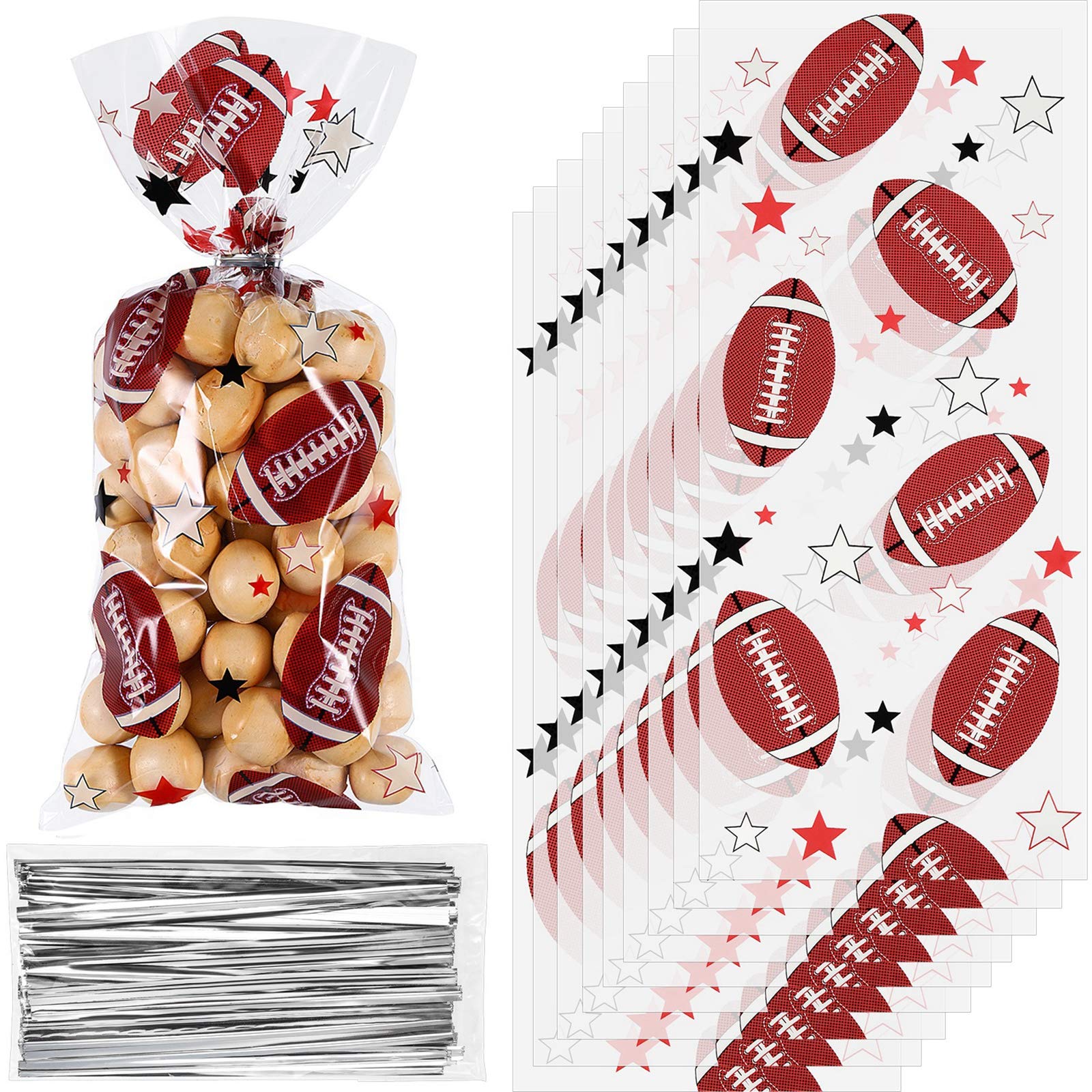Blulu 100 Pieces Football Cellophane Bags Heat Sealable Treat Football Candy Bags Football Party Goody Bags with 100 Pieces Silver Twist Ties for Football Party Favors