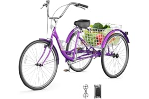 OUTROAD OUTDOOR CAMPING GARDEN PATIO Outroad Comfort Tricycle, 24/26 inch 1 Speed Cruiser Trike, 3 Wheel Bikes with Large Basket for Seniors, Women, Men, Adult Trikes for Shopping Picnic Outdoor Sports,Blue Red and Purple