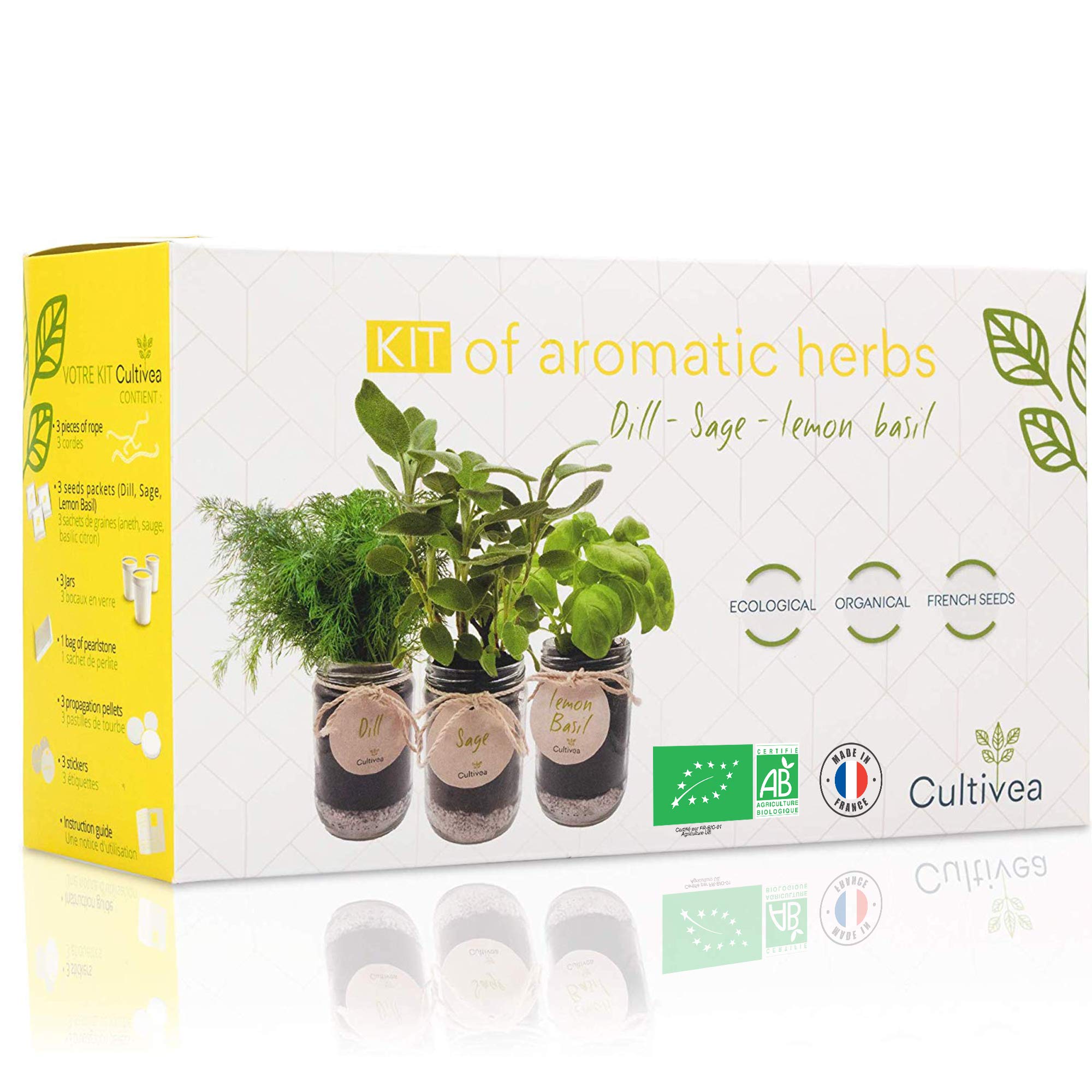 Cultivea® Complete Kit of Herbs - Grow Your Own Indoor Garden - 100% Ecological and Organic French Herb Seeds – Kitchen Windowsill Planter Box – (Dill, Sage, Lemon Basil). Great Gift Idea.