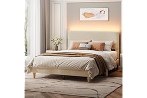 Bestier Queen Bed Frame with Adjustable Headboard, LED Lighting, Vertical Channel Tufted Corduroy Upholstered, Solid Wooden Slats Support, No Box Spring Needed, Never Squeaks, Easy Assembly, Beige