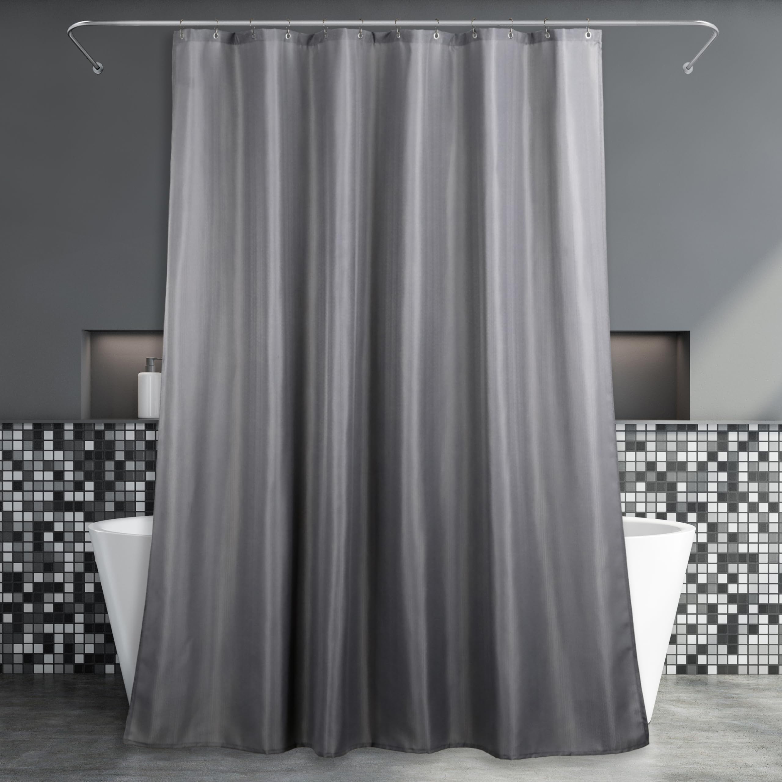 Popkozzi Grey Fabric Shower Curtain: Gray Anti Mould Mildew Resistant Water Repellent Washable Curtain for Wet Room - Elegant Lightweight Polyester Curtain for Bathroom - 183 x 183cm Drop