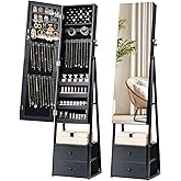 Nicetree Jewelry Cabinet Armoire, 2 Drawers, Full Length Mirror, Black | Standing Mirror Jewelry Cabinet, Lockable Jewelry Armoire with Mirror, Adjustable Angles, Easy Assembly, Gift Idea, HD Glass