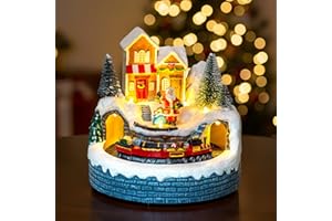 ZQQLITE Animated Collection Figurines Musical Santa Clau Christmas Village Houses with Rotating Train, Lighted Christmas Collection Figurines for Home Tabletop Decorations Ornaments Gifts