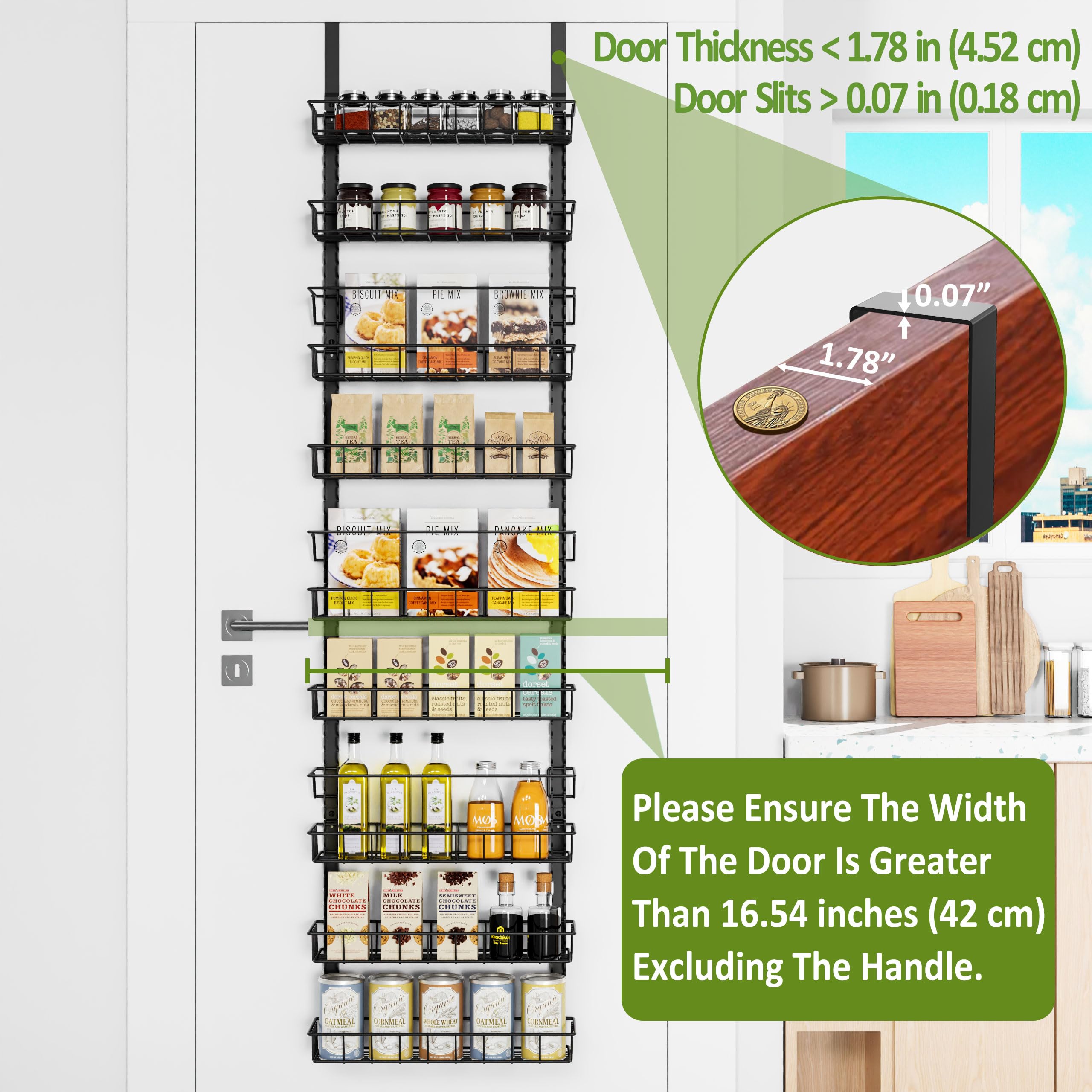 Churboro Over the Door Pantry Organizer Rack with 9 Adjustable Baskets, 9 Tiers Dual-use Hanging or Wall Mount Spice Rack Organizer, Black