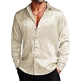 COOFANDY Men's Silk Satin Dress Shirts Jacquard Long Sleeve Floral Button Up Shirts Party Prom Wedding Shirt