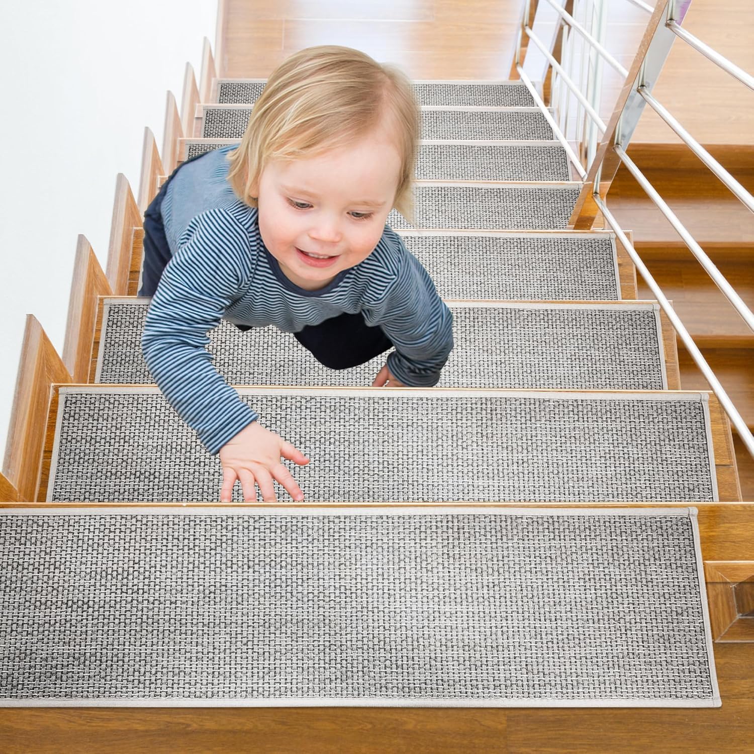 Heavyduty 100% Polyester Weaving Thick Self Adhesive Stair Treads (15 Pack, 30″X8″) – Residue Free Non-Slip Stair Carpets, Machine Washable Reusable Staircase Rug for Premium Home Comfort, Grey