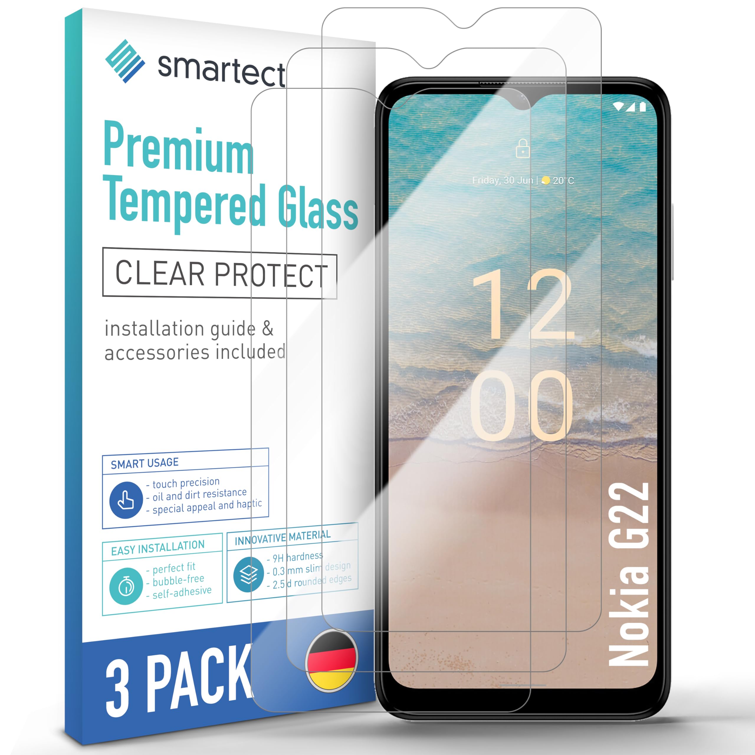 smartect Glass Screen Protector [3 Pieces, Ultra-Clear] for Nokia G22, HD Protective Film Anti Scratch, Bubble Free, 9H Hardness, Ultra Resistant