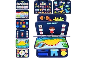 HmiL-U Busy Board | Busy Book Educational Activity Sensory Board Toddler Montessori Toys with Life Skill Alphabet Shape Color Number Clock for 3 4 Year Old Girls Boys Gifts(Dinosaurs,8 Pages)