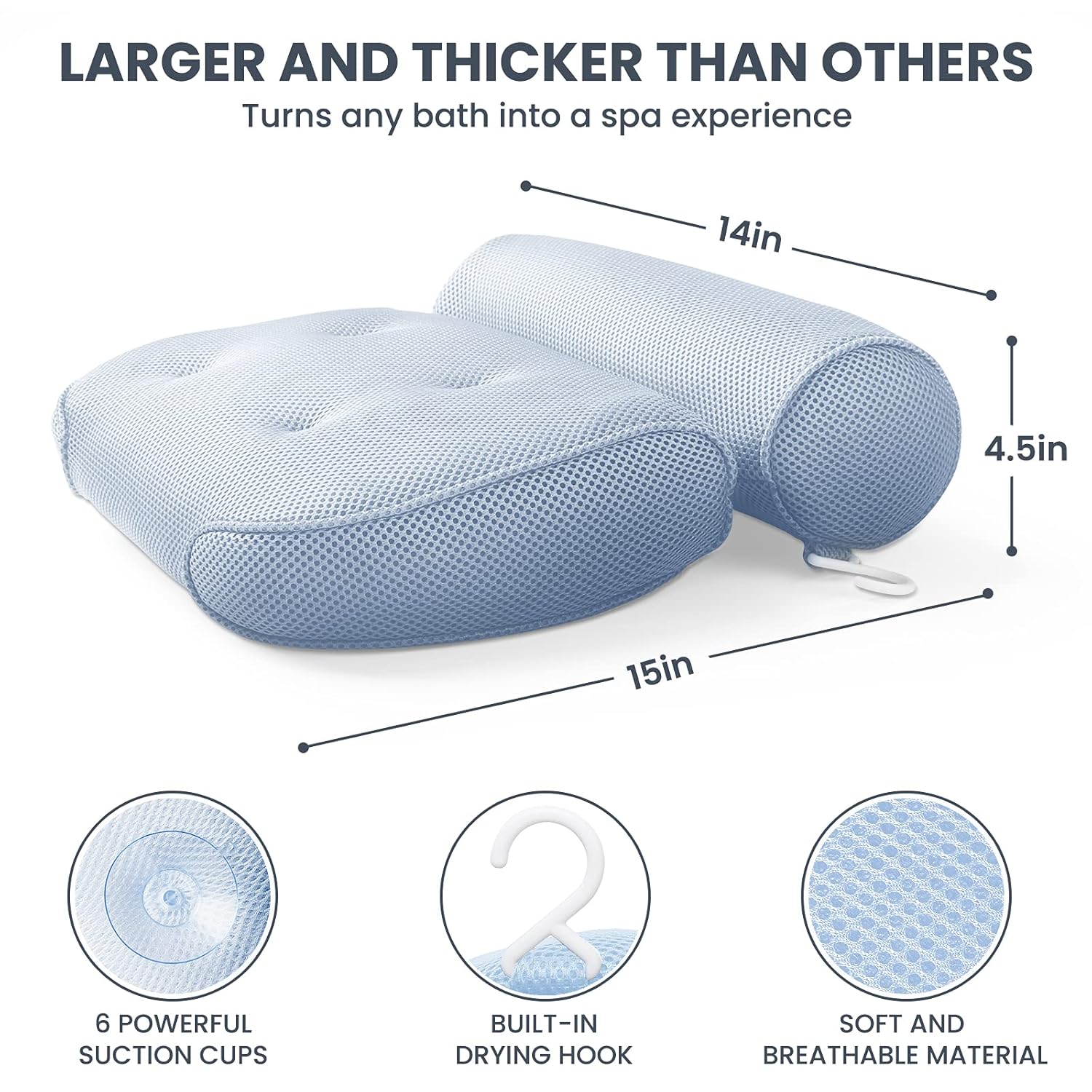 LuxStep Bath Pillow Bathtub Pillow With 6 Non-Slip Suction Cups for Head, Neck and Back Support, 15x14 Inch, Extra Thick and Soft Air Mesh Spa Pillow for Bath - Fits All Bathtub, Blue : Beauty
